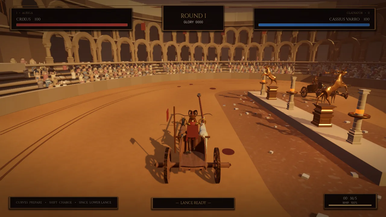 A chariot racing inside the crowded arena during combat